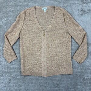 St John Sport Marie Gray Tan Multi Color Zip Front Wool Blend Cardigan Sweater L